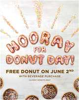 Free donuts at Dunkin Donuts on National Donut Day, June 2.