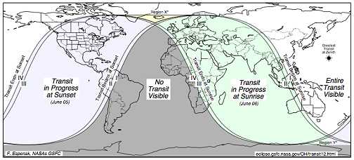 venus transit map showing best viewing in 2012