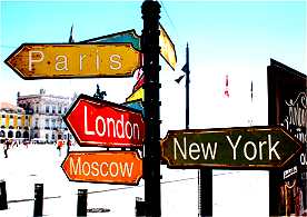 signposts for paris, london, new york, moscow